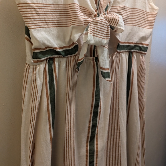 Zara Striped Rustic Dress Linen Button Front Pockets Self-tie Open Back- L/12 - Picture 11 of 16